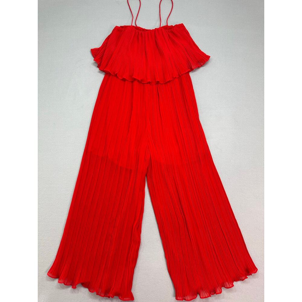 Zara Red Pleated Strappy Wide Leg Culotte Jumpsuit Ruffle Overlay Size M - Picture 5 of 10